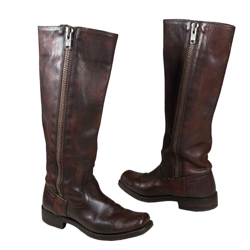 FRYE Heath Women’s Sz 5.5 B Outside Zip Brown Leather Boots #77280